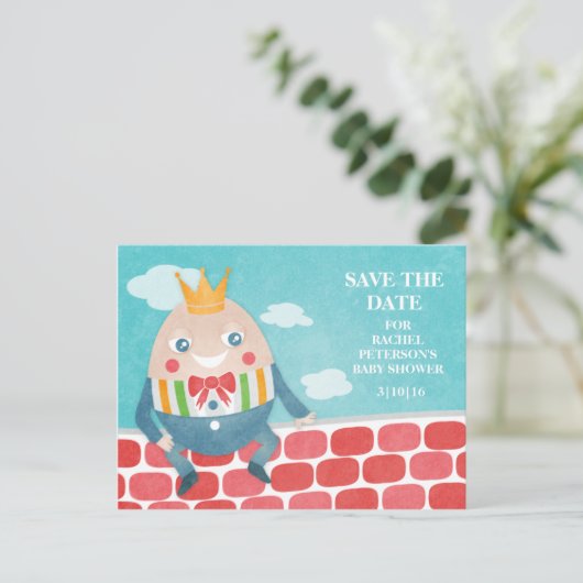Farbenfrohe Humpty Dumpty Babydusche Save the Date Ankündigungspostkarte (Stehend Vorderseite)