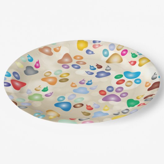 Farbenfrohe Hundekuppeldrucke, Bokeh Pappteller (Schrägansicht)