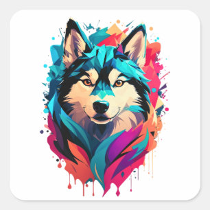 Farbenfrohe Husky Dog Head Vibranly Husky Liebhabe Quadratischer Aufkleber