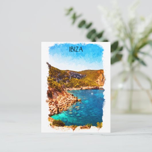 Farbenfrohe Ibiza Spanien Wasserfarbenwelt Landsch Postkarte (Stehend Vorderseite)