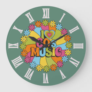 Farbenfrohe Ich liebe 60er-Musik für Retro-Musikli Große Wanduhr