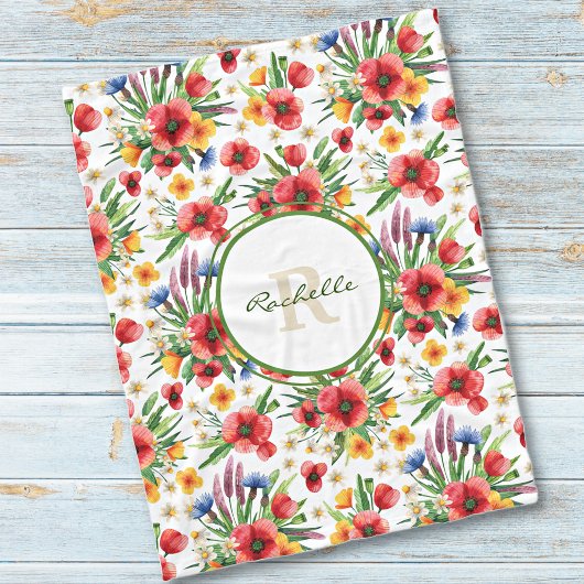Farbenfrohe illustrierte Wildblumen, Mohnmuster Fleecedecke