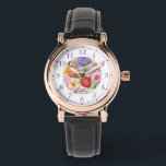 Farbenfrohe Imitate bestickt mit floralen Stilfrau Armbanduhr<br><div class="desc">Farbenfrohe Imitate Stickereien Floral Stilvolle Frauen Uhren mit einem modernen,  bunten Imitat Stickerei Blumenmuster in Rosa,  lila,  Orange und Rot auf einem pastellgrünen Hintergrund. Erstellt von Evco Studio www.zazzle.com/store/evcostudio</div>