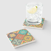 Farbenfrohe islamisch inspirierte Patchwork-Kachel Steinuntersetzer (Seitenansicht)