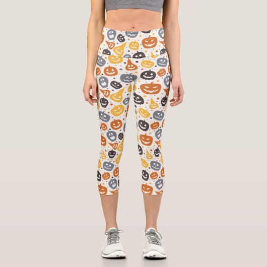 Farbenfrohe Jack-O'-Lantern-Gesichtsmuster Capri Leggings (Vorderseite)