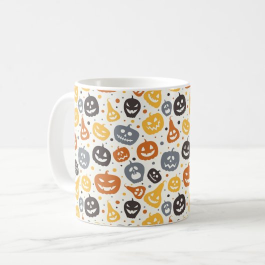 Farbenfrohe Jack-O'-Lantern-Gesichtsmuster Kaffeetasse (Vorderseite Links)