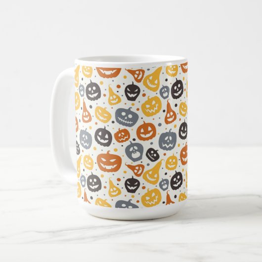 Farbenfrohe Jack-O'-Lantern-Gesichtsmuster Kaffeetasse (Vorderseite Links)