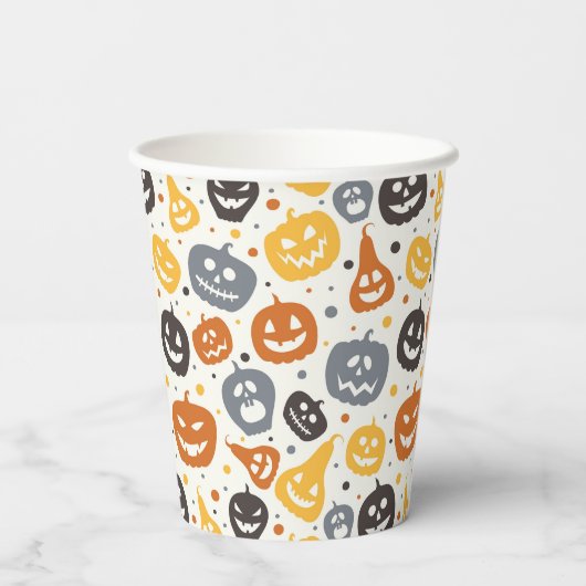 Farbenfrohe Jack-O'-Lantern-Gesichtsmuster Pappbecher (Rückseite)