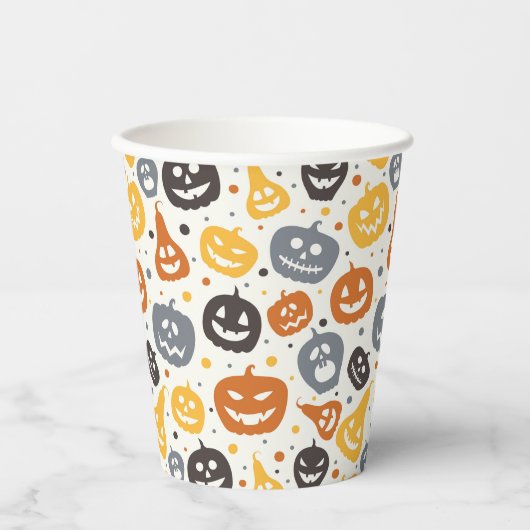 Farbenfrohe Jack-O'-Lantern-Gesichtsmuster Pappbecher (Vorderseite)