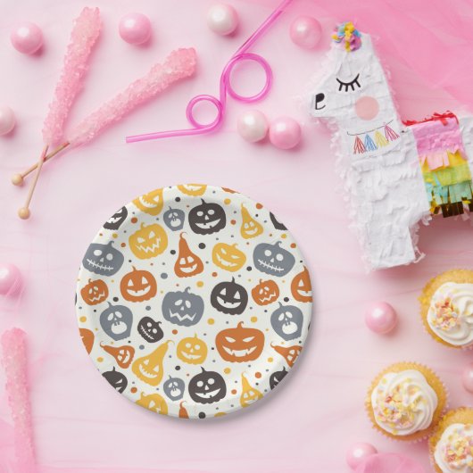Farbenfrohe Jack-O'-Lantern-Gesichtsmuster Pappteller (Party)