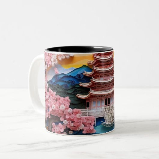 Farbenfrohe japanische Landschaft Zweifarbige Tasse (Vorderseite Links)