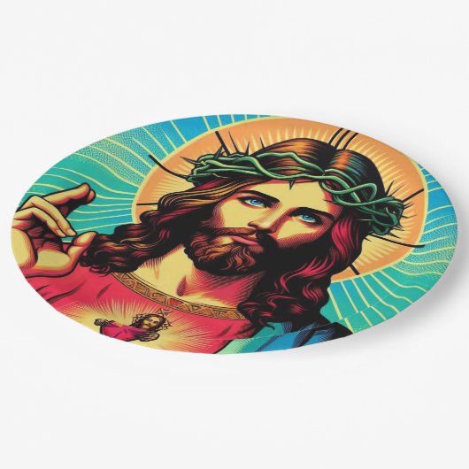 Farbenfrohe Jesus Papiertüte! Pappteller (Schrägansicht)