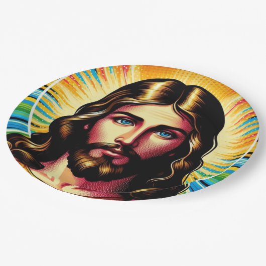 Farbenfrohe Jesus Papiertüte! Pappteller (Schrägansicht)