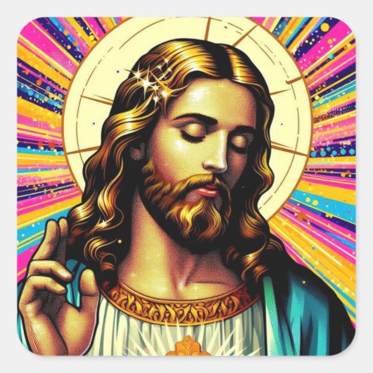Farbenfrohe Jesus Sticker! Quadratischer Aufkleber (Vorderseite)