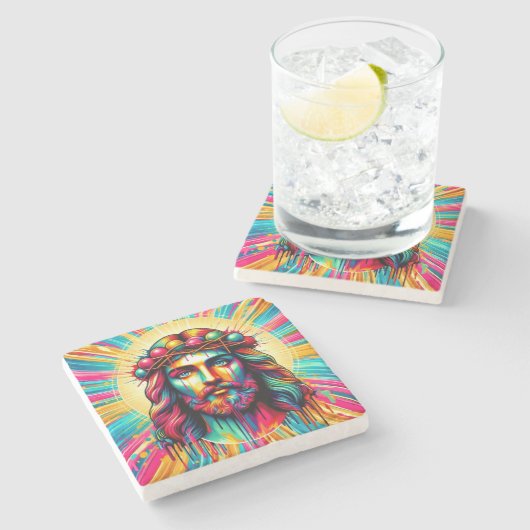 Farbenfrohe Jesus-Untersetzer! Steinuntersetzer (Seitenansicht)