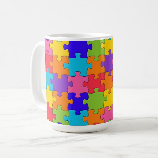 Farbenfrohe Jigsaw Puzzle Pieces Happy Puzzler Kaffeetasse (Vorderseite Links)