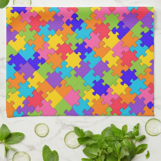 Farbenfrohe Jigsaw Puzzle Pieces Happy Puzzler Küchentuch (Gefaltet)