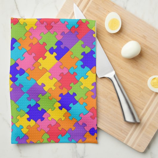 Farbenfrohe Jigsaw Puzzle Pieces Happy Puzzler Küchentuch (Viertel Falte)