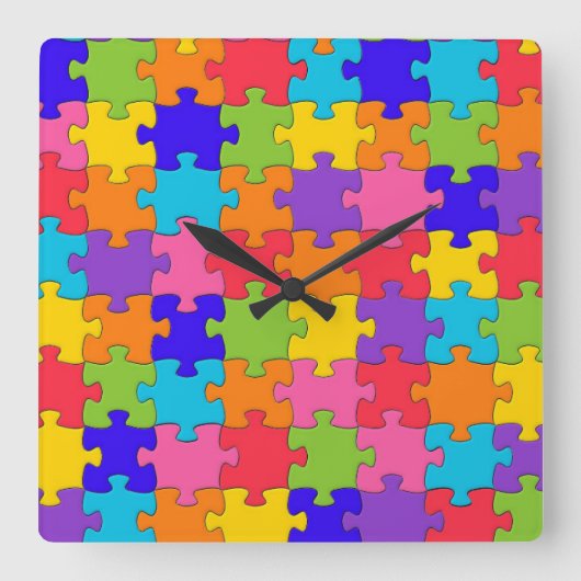Farbenfrohe Jigsaw Puzzle Pieces Happy Puzzler Quadratische Wanduhr (Vorderseite)