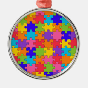 Farbenfrohe Jigsaw Puzzle Pieces Happy Puzzler Silbernes Ornament