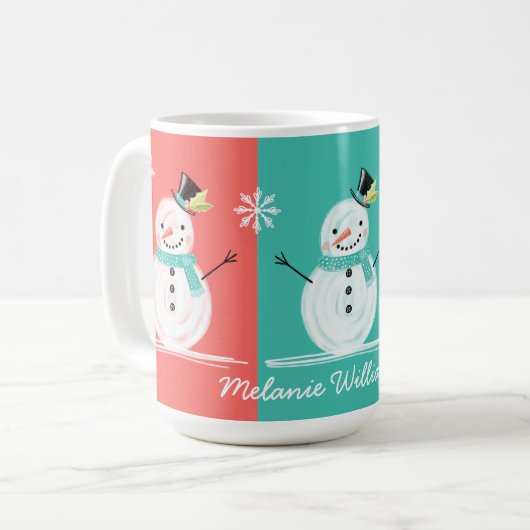 Farbenfrohe Jolly Snowman Weihnachtslandschaft Kaffeetasse (Vorderseite Links)
