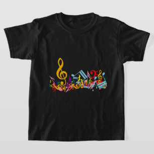 Farbenfrohe Jumbled-Musiknoten auf Schwarz T-Shirt