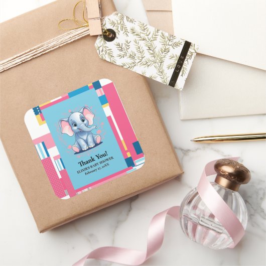 Farbenfrohe Jungle Blue Elephant Baby Dusche Quadratischer Aufkleber (Schenken)