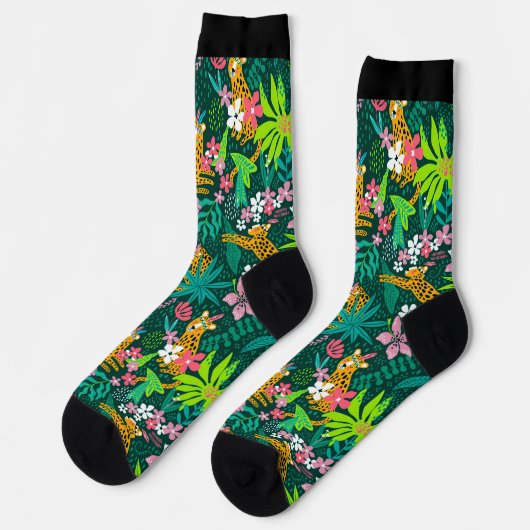 Farbenfrohe Jungle-Blume und Tiermuster Socken (Linkes Detail)