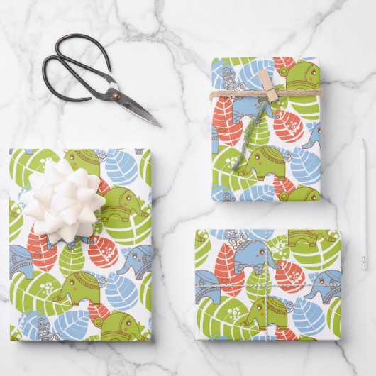 Farbenfrohe Jungle-Elefanten Geschenkpapier Set (Vorderseite)