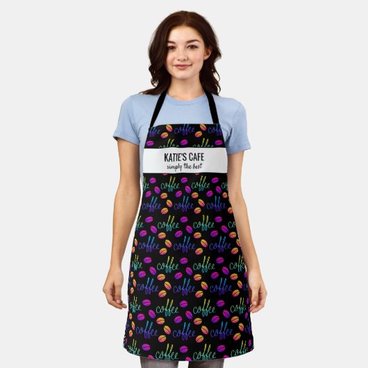 Farbenfrohe Kaffeebohnen Barista oder Café Name Cu Schürze (Getragen)