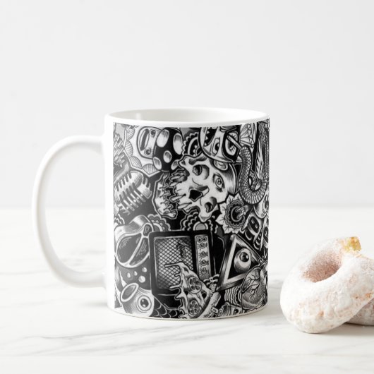 Farbenfrohe Kaffeetasse mit Doodle-Muster | Süße C (Mit Donut)
