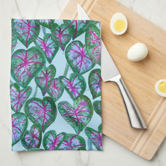 Farbenfrohe Kaladien Wasserfarben Blätter Rosa Grü Geschirrtuch (Viertel Falte)