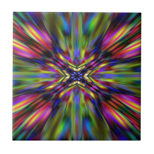 Farbenfrohe Kaleidoskop-Sternexplosion Fliese (Vorderseite)