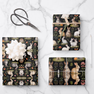Farbenfrohe Kaninchen in Schwarz Geschenkpapier Set