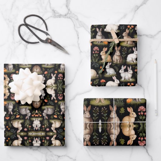 Farbenfrohe Kaninchen in Schwarz Geschenkpapier Set (Vorderseite)