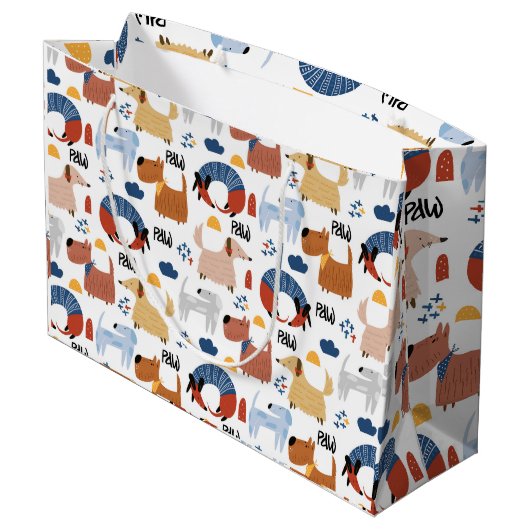 Farbenfrohe Karikatur Hundeschablone nahtloses Mus Große Geschenktüte (Rückseite Schrägansicht)