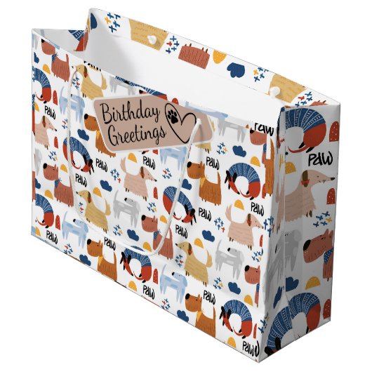 Farbenfrohe Karikatur Hundeschablone nahtloses Mus Große Geschenktüte (Vorderseite Schrägansicht)