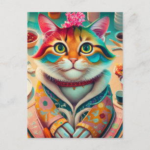 Farbenfrohe Katze im Outfit Postkarte
