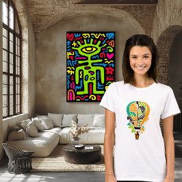 Farbenfrohe Katze in Heißluftballon Kunst T-Shirt