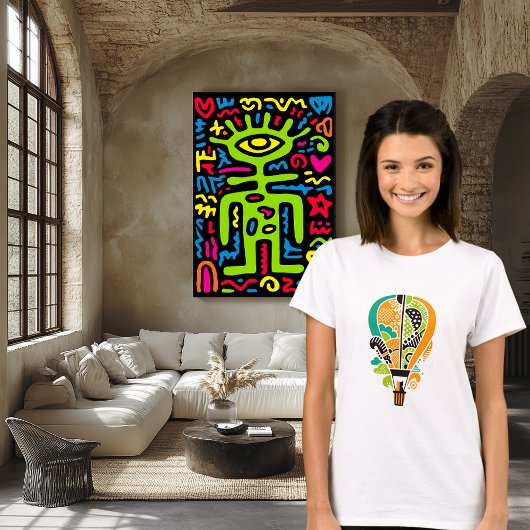 Farbenfrohe Katze in Heißluftballon Kunst T-Shirt