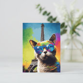 Farbenfrohe Katze in Sonnenbrille in Paris Postkarte (Stehend Vorderseite)