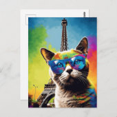 Farbenfrohe Katze in Sonnenbrille in Paris Postkarte (Vorne/Hinten)