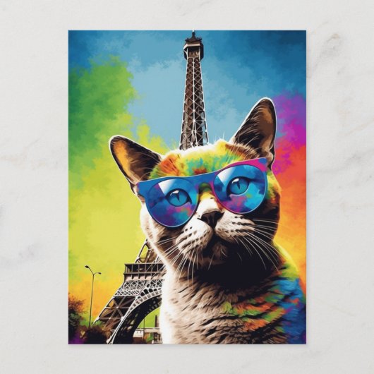 Farbenfrohe Katze in Sonnenbrille in Paris Postkarte (Vorderseite)