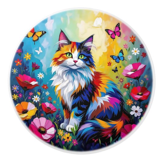 Farbenfrohe Katze und Blumen Keramikknauf (Vorderseite)