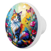 Farbenfrohe Katze und Blumen Keramikknauf (Rechts)