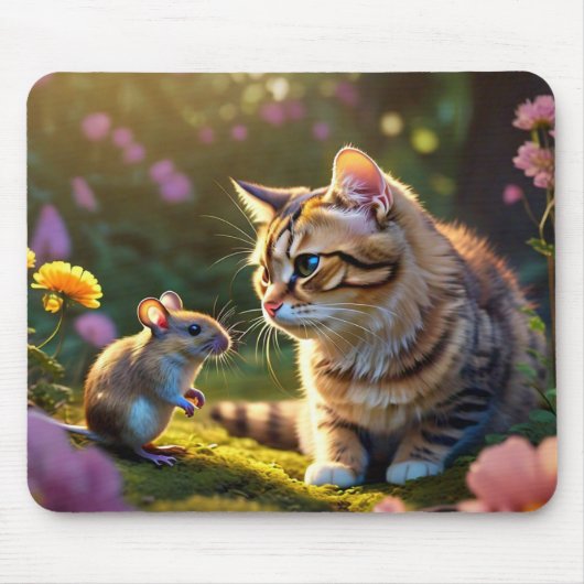 Farbenfrohe Katze und Maus mit Blume Maus Pad Mousepad (Vorne)