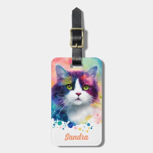 Farbenfrohe Katzen-Illustration und Individuelle N Gepäckanhänger (Vorderseite vertikal)