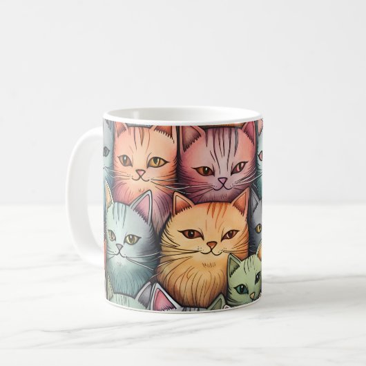 Farbenfrohe Katzen Whimsical Doodle Kaffeetasse (Vorderseite Links)