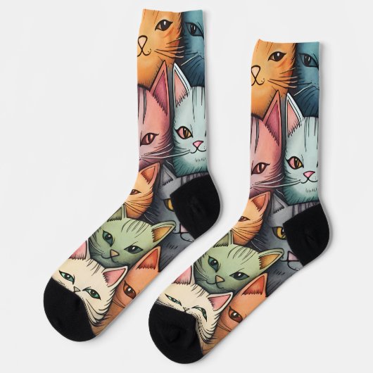 Farbenfrohe Katzen Whimsical Doodle Socken (Linkes Detail)
