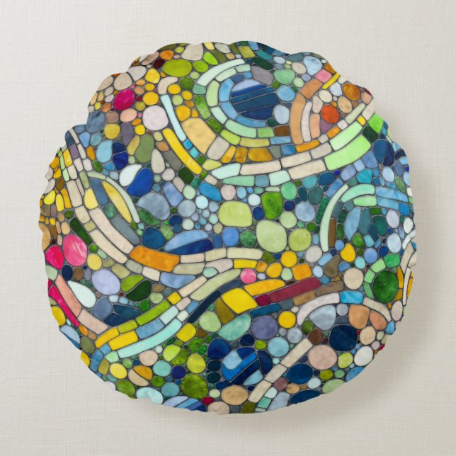 Farbenfrohe Kies Mosaik Kunst Rundes Kissen (Vorderseite)